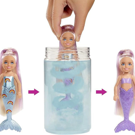 Barbie Color Reveal Rainbow Mermaid Series Chelsea Doll with 6 Surprises, Color Change and Accessories