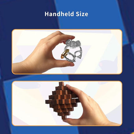 9pcs Retro Wooden and Metal Puzzles Bulk Gift for Kids, Teens, and Adults Unlock Interlock Brain Teaser Toys Game.