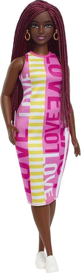 Barbie Fashionistas Doll #189, Curvy with Crimson Braids, Sleeveless Love Dress & Accessories Including Sneakers & Hoop Earrings