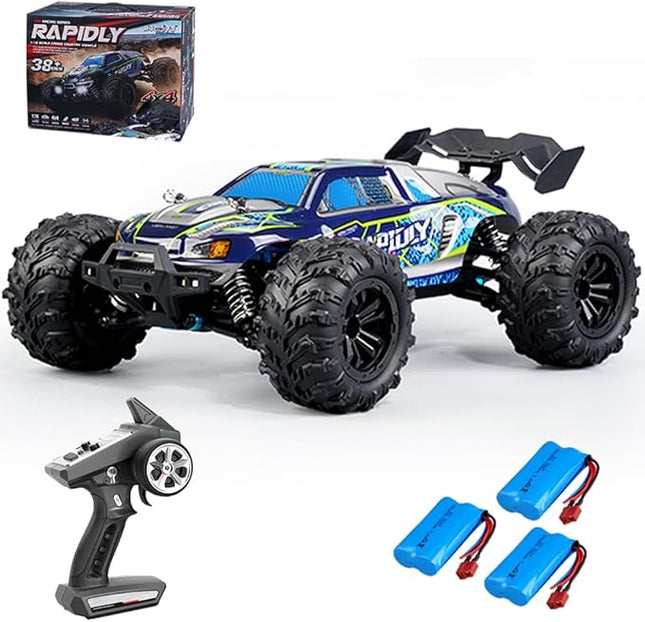 X-Verse 16101 1/16 Fast RC Cars for Adults, Max 38 mph Carbon Brush Motor Remote Control Car All Terrain RC Truggy Waterproof Off Road Truck - 3 Battery(Blue)
