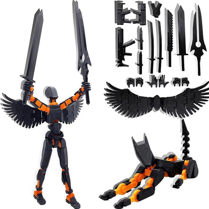 T13 Action Figures Set (Assembly Completed) Dummy 13 Titan 13 Robot Action Figure 3D Printed Robo Multi-Jointed Movable Action Figure Toy with Full Articulation (Black Orange Figure + Dog)