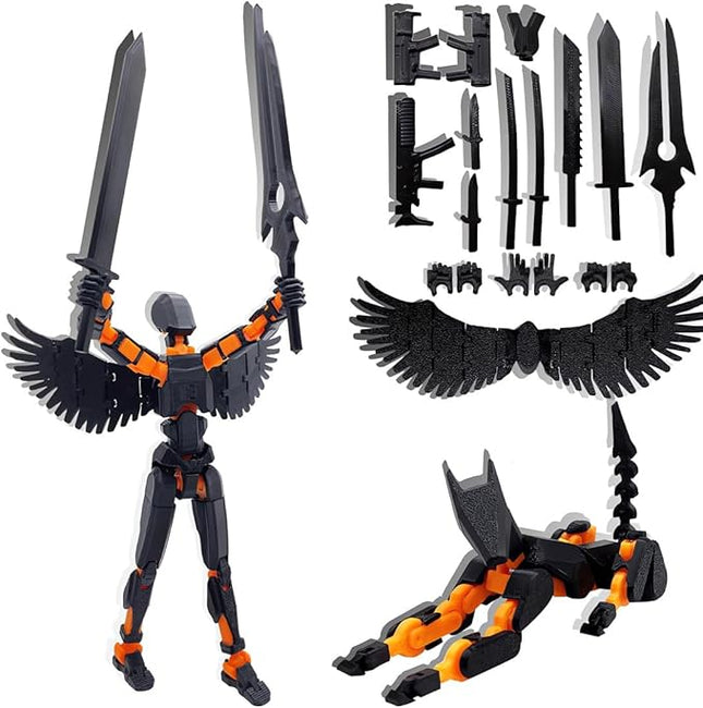 T13 Action Figures Set (Assembly Completed) Dummy 13 Titan 13 Robot Action Figure 3D Printed Robo Multi-Jointed Movable Action Figure Toy with Full Articulation (Black Orange Figure + Dog)