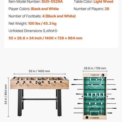 VEVOR Foosball Table, 55-inch Standard Size Table, Indoor Full-Size Foosball Tables with 4 Balls and 26 Players, Includes Durable Soccer Set, Score Keeper & Cup Holders, for Home, Family, Game Room