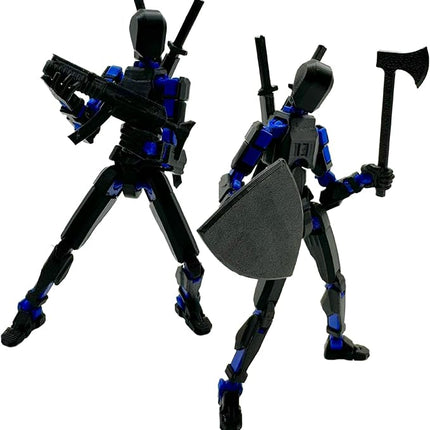 (Assembly Completed) 3D Printed Figure 5.54-inch Dummy13 with Weapon Expansion Set and Bracket, Full Body Mechanical Movable Toy, Desk Decoration. (Black+Blue)