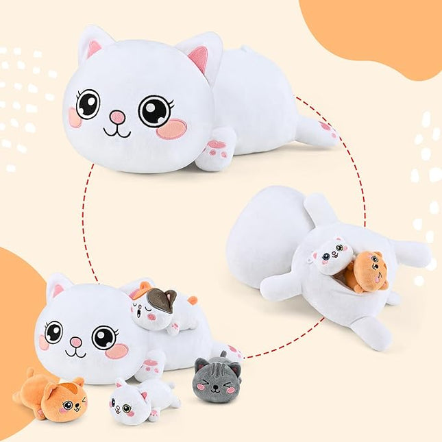 KMUYSL Cat Stuffed Animals Toys for Ages 0 1 2 3 4 5 6 7 8+ Years Old Kids - Mommy Cat with 4 Baby Kitty in Her Tummy, Idea Xmas Birthday Gifts for Baby, Toddler, Girls, Boys
