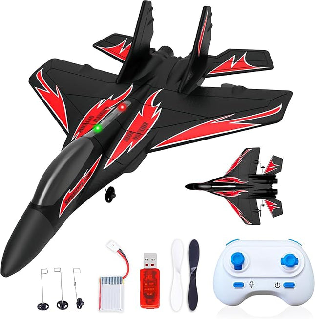 Foam Remote Control Wireless Airplanes RC Planes, Remote Control Fighter Toys, 2CH 2.4Ghz RC Fighter Jet with Light, Hobby Rc Airplanes Easy to Fly for Kids Boys Adults(Black)