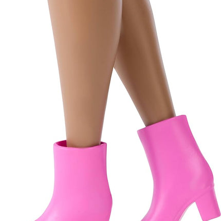 Barbie Deluxe Style Doll #10 in Pink Denim Top and Skirt Set with Bow Print, Black Hair, Behind-The-Ear Hearing Aids and Accessories Like Handbag