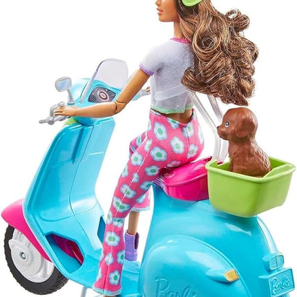 Barbie Fashionistas Doll and Scooter Travel Playset with Pet Puppy and Themed Accessories
