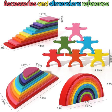 40-Piece Wooden Rainbow Stack Set, 4-in-1 Building Blocks preschoolers Early Development & Activity Toys Montessori Toys for Kids 3, 4, 5, 6 Years and Older Gifts for Boys and Girls