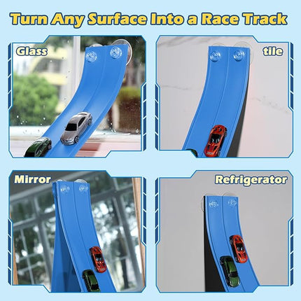 Flex Tracks 15 Ft Starter Set Flexible Race Track for Kids 3+, Race Car Ramp Track Compatible with Hot Wheels and Diecast 1/64th Cars, Portable Rolls Up Race Tracks with Strong Suction Cups