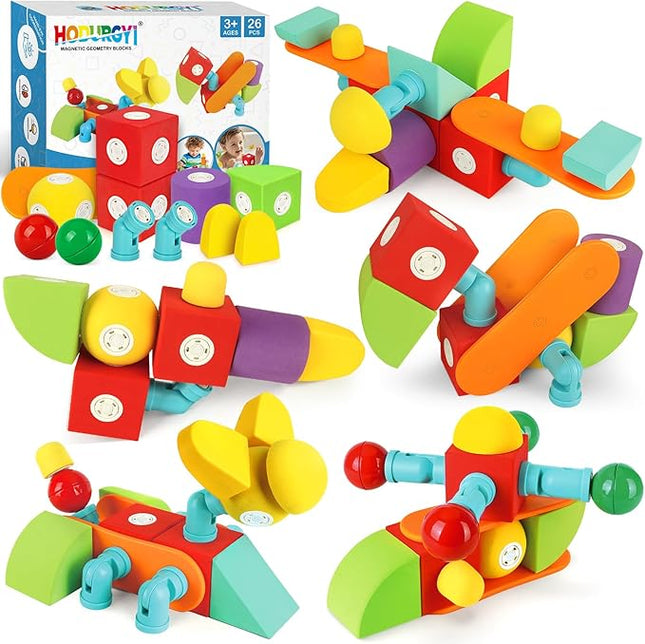 26 PCS Magnetic Foam Blocks for Kids, Large Magnetic Building Blocks for Toddlers 3+, Kids Bath Toys and Preschool STEM Educational Toys, Birthday for Boys & Girls 3 4 5 6+ Years Old