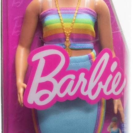 Barbie Fashionistas Doll #218 with Long Blue Hair Wearing Removable Rainbow Top & Teal Skirt, 65th Anniversary Collectible Toy