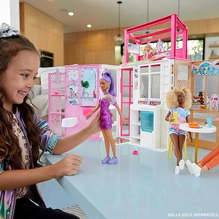 Barbie Doll House with Furniture & Accessories Including Pet Puppy, 4 Play Areas (Kitchen, Loft Bed, Bathroom & Dining Room)