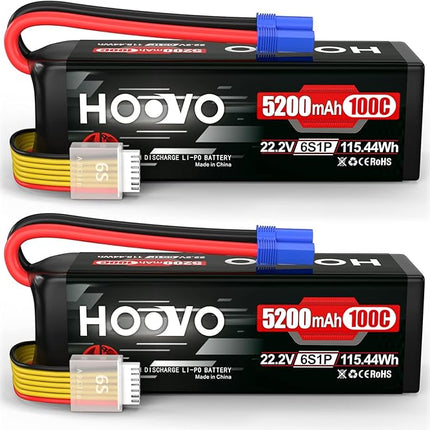 HOOVO 6S Lipo Battery 22.2V 100C 5200mAh with EC5 Connector for RC Car Truck Truggy Buggy Tank RC Airplane Helicopter Boat Car Racing Vehicle(2 Pack)