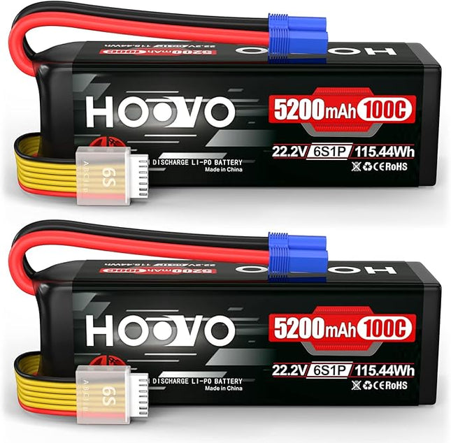 HOOVO 6S Lipo Battery 22.2V 100C 5200mAh with EC5 Connector for RC Car Truck Truggy Buggy Tank RC Airplane Helicopter Boat Car Racing Vehicle(2 Pack)