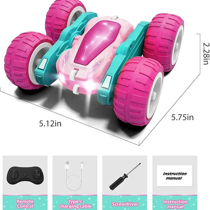Tecnock Pink Remote Control Car for Girls and Boys, 2.4GHz RC Cars with USB-C Easy Charging, 4WD Double Sided 360° Rotates and Flips RC Stunt Car, Toys Gift for Kids Ages 6-8, 8-12