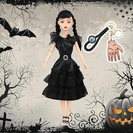 11.5'' Addams Doll with Gift Box, High Heels, Black Dress, and Hair, Perfect Christmas and Birthdays Toy Gift for Girls & Fans(A2)