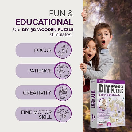 Hands Craft DIY 3D Wooden Puzzle – 6 Assorted Wild Animals Bundle Pack Set Brain Teaser Puzzles Educational STEM Toy Adults and Kids to Build Safe and Non-Toxic Easy Punch Out Premium Wood JP2B8