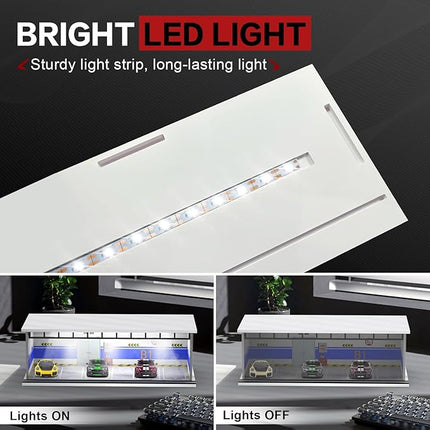 1/64 Scale Diecast Display Case for Hot Wheels Matchbox Cars, Toy Car Model Mini Garage with LED Light and Acrylic Cover, Stackable Parking Lot Diorama Storage for Collection Present