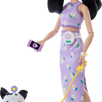 Barbie Twinning Looks Doll with Pet Dog in Matching Purple Daisy Clothes and Accessories for Both Like Flowers and Belt Bags, Black Hair