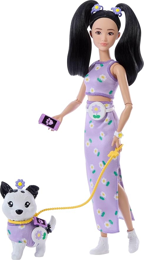 Barbie Twinning Looks Doll with Pet Dog in Matching Purple Daisy Clothes and Accessories for Both Like Flowers and Belt Bags, Black Hair