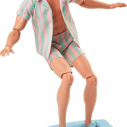 Barbie The Movie Ken Doll Wearing Pastel Pink and Green Striped Beach Matching Set with Surfboard and White Sneakers