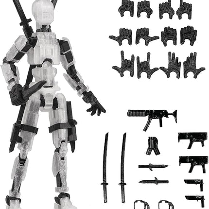 Pre-Assembly 3D Printed 5.54'' Dummy13 Action Figure, Multi-Jointed Tian13, Articulated T13 Desktop Decoration,12 in 1 Accessories, Best Birthday Festival Gift (Crystal+Black)