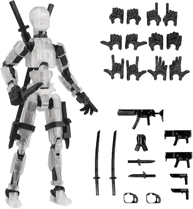 Pre-Assembly 3D Printed 5.54'' Dummy13 Action Figure, Multi-Jointed Tian13, Articulated T13 Desktop Decoration,12 in 1 Accessories, Best Birthday Festival Gift (Crystal+Black)