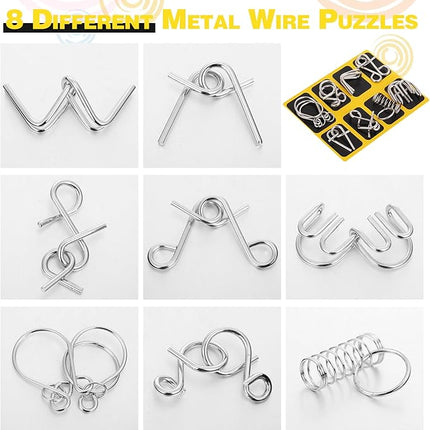 Yilloog Metal Wire Puzzle Set of 8 with Pouch, Brain Teaser Puzzles IQ Test Ring Disentanglement Unlock Interlock Game Trick Metal for Party Favor Challenge(A Style)