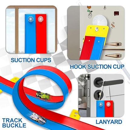 Flexible Race Track Toys for Kids, 15 Ft Double Lane Racetrack with 4 Cars & Suction Cups, Compatible with Hot Wheels & 1/64 Diecast Cars, Portable Roll Up Car Ramp Track Set for Ages 3+(Red & Blue)