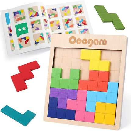 Coogam Wooden Puzzle Pattern Blocks Brain Teasers Game with 60 Challenges, 3D Russian Building Toy Wood Tangram Shape Jigsaw Puzzles Montessori STEM Educational Toys Gift for Kids Adults