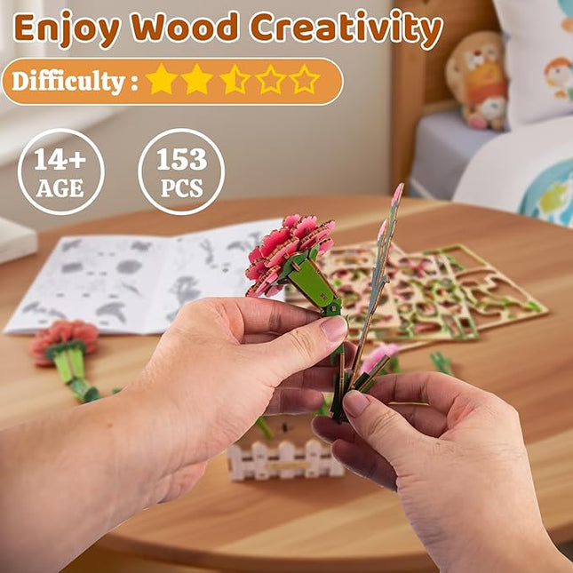 3D Wooden Flower Puzzles for Adults Carnation, DIY Artificial Flower Building Set Wooden Bloom Craft Kits Home Decoration, for Women Mom Birthday Thanksgiving Christmas Valentine's Day