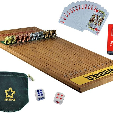 Metal Horse Race Board Game Set with Horse Racing Thick & Solid Wood Game Board(22"/Dark),11 Luxurious with 4 Antique(Gold,Silver,Red Cooper&Bronze) Metal Craft Horses, Dice&Cards (HR-F654)