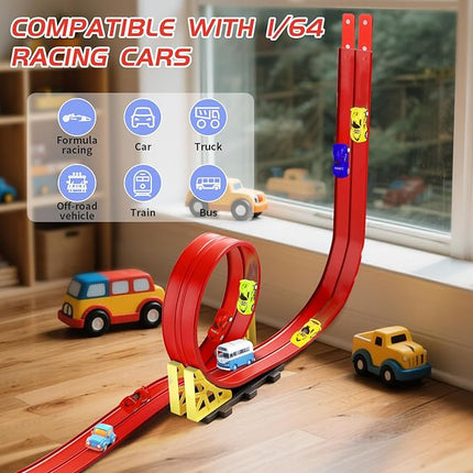19ft Build Anywhere Portable Race Track with Suction Cups - Flexible Roll-Up Design Fits 1/64 Scale Cars, Portable Toy Gift for Kids 4+ Year Old