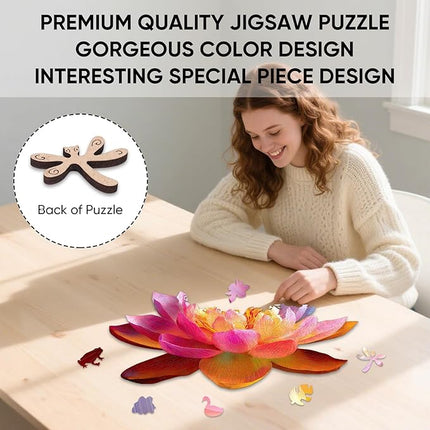 Wooden Puzzles for Adults, Lucky Lotus Jigsaw Puzzles, 201 Pieces Adults Puzzles, Best Gifts for Puzzle Lover, Family Brain Game, 9.6x12.9 inch