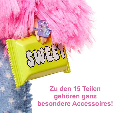 Barbie Extra Doll & Accessories with Pink-Streaked Blonde Crimped Hair in Fluffy Pink Coat with Pet Unicorn-Pig