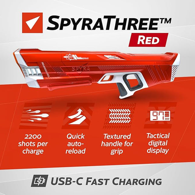 SPYRA Electric Water Blaster, Outdoor Squirt Gun for Pool Games, SpyraThree™, Red - Automatic Water Blast Guns for Beach, Backyard, Patio, and Garden