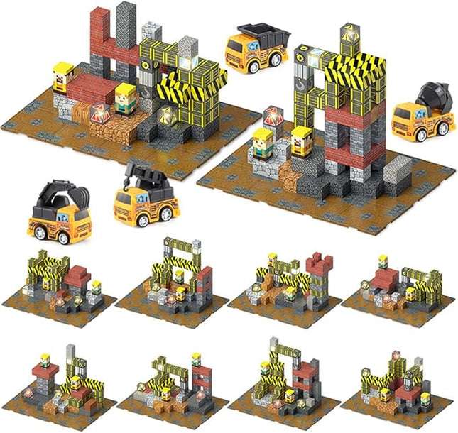 Magnetic Construction Building Blocks Set, 136PCS Tile with 4 Toy Trucks, Education STEM Consrtuction Site Theme Toy for Age 3-5, 6 7 8 9 10 (Construction Set)