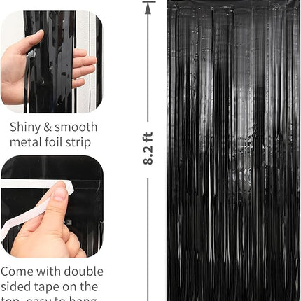 2 Pack Black Foil Fringe Curtains Streamers Party Decorations 3.3 x 8.2 ft, Black Tinsel Curtain Fringe Backdrop for Parties, Door Fringe Birthday Streamers, Photo Booth Backdrops, Party Decor
