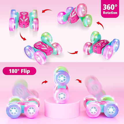 Remote Control Car for Girls 3-12 with Flashing Light, Toys 4 5 6 7 8 9 Years Old Girl Birthday Gifts Idea, RC Cars Stunt 4WD 2.4Ghz Double Sided 360° Flip, Present for Kids, Christmas, Pink