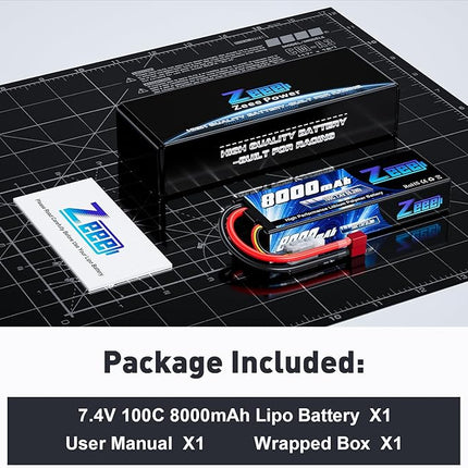 Zeee 2S Lipo Battery 8000mAh 7.4V 100C Hard Case RC Battery with T Plug for 1/8 and 1/10 RC Car Models RC Truck RC Vehicles RC Truggy RC Boat Helicopter
