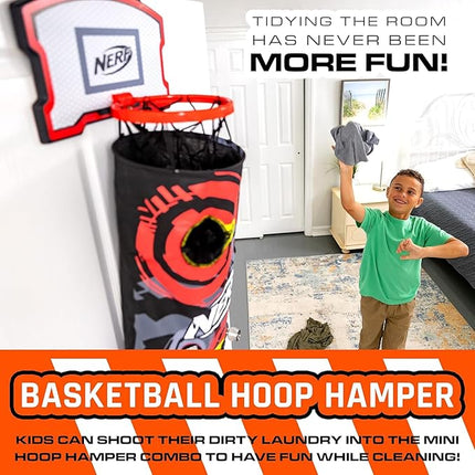 NERF Basketball Hoop Hamper - Laundry Layup Over the Door Basket + Shooting Target - Mini Hoop Hamper + Basketball Set