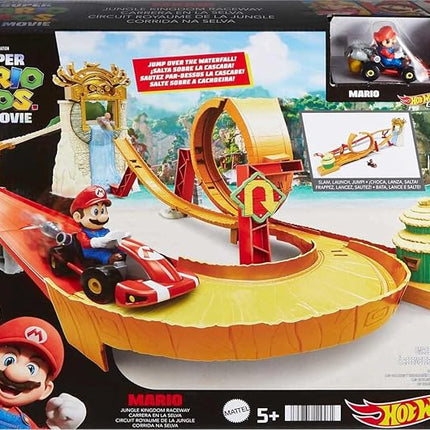 Hot Wheels Mario Kart Track Set & Toy Car, Super Mario Bros Jungle Kingdom Raceway, 3+ Feet Tall with Die-Cast Mario Kart & Waterfall Jump