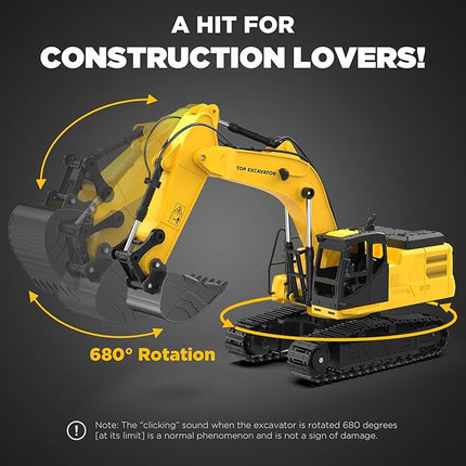 1:18 Remote Control Excavator Construction Toys for Boys, [2025 Upgraded] 2.4GHz RC Excavator Toy with Metal Shovel for Boys 6+ Kids Birthday, Dual Batteries/100+Mins/Spray/Sound/Light/11-Channel