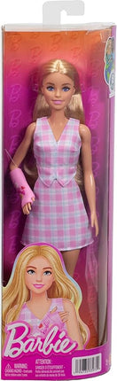 Barbie Fashionistas Doll #243 with Blonde Hair and Pink Arm Cast Accessory, Wearing Plaid Top and Skirt with Pink Loafers