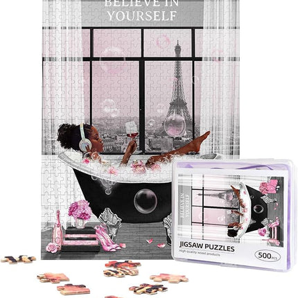 African American Jigsaw Puzzles 500 Pieces for Adults, Bath Time Drinking Scene, Black Woman Wooden Puzzle for Stress Relief, Challenging Brain Teaser & Home Decor