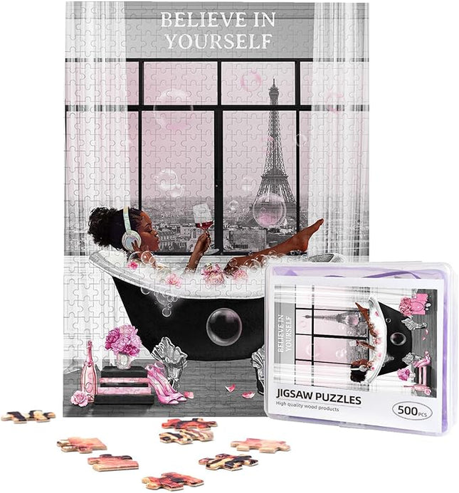 African American Jigsaw Puzzles 500 Pieces for Adults, Bath Time Drinking Scene, Black Woman Wooden Puzzle for Stress Relief, Challenging Brain Teaser & Home Decor