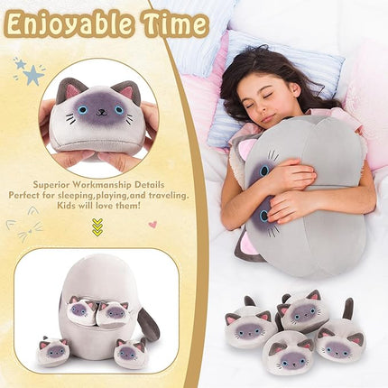 5 PCS Siamese Cat Plush Stuffed Animal Family-19" Soft Siamese Cat Plush, Large Mommy Plushies with 4 Baby Kittens Plushies for Kids, Kawaii Plush Toy Christmas Birthday Gifts for Kids Boys Girls