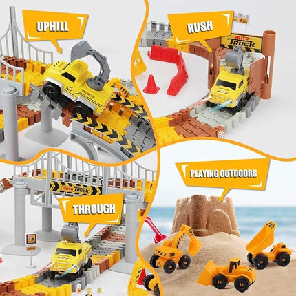 Construction Race Tracks Set, Flexible Train Tracks w/ 2 Electric Construction Race Vehicles w/Lights, STEM Engineering Race Track Toys with Dump Truck, Crane Assort Acessories for Boys Girls