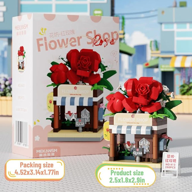 Red Roses Mini Flower Shop Building Toy Street City Store View Micro House Toys Festival Blocks Set for Home Decor Gifts